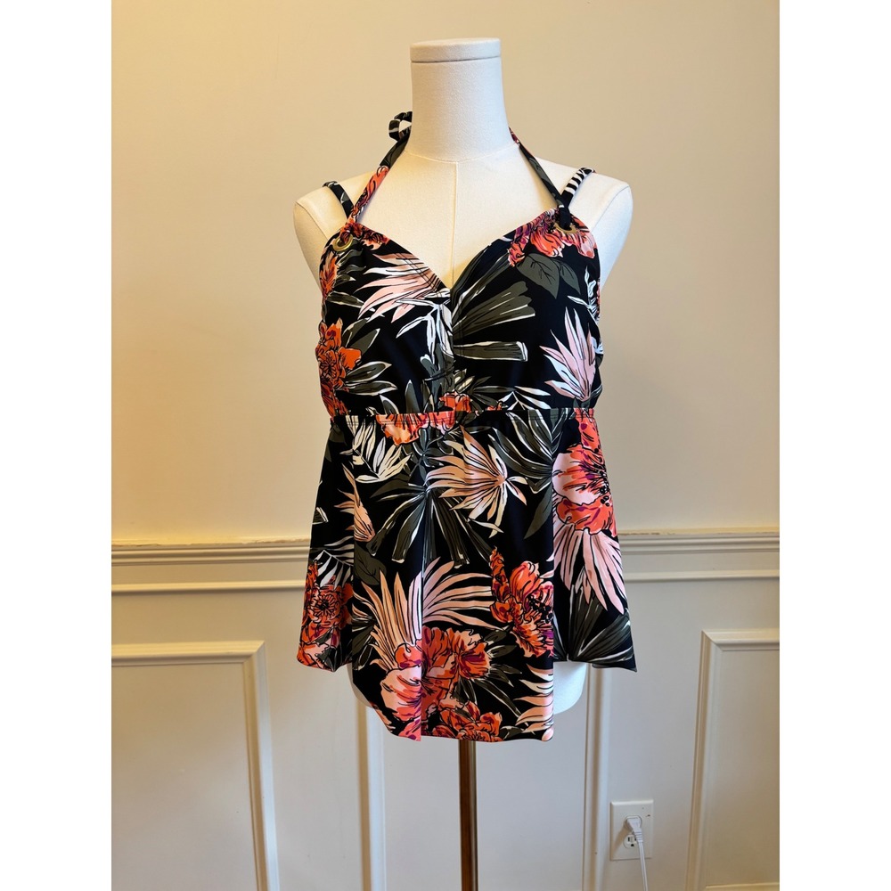 Kona Sol Tankini Swim Top 14W Black Floral Halter Tropical Padded Plus Size Y2K